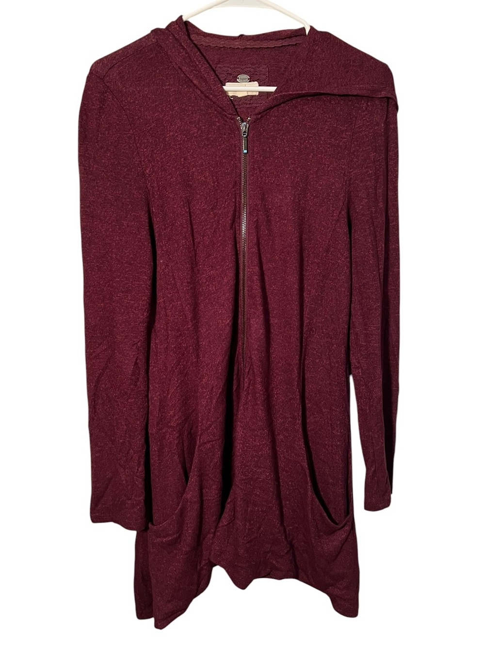 Cupio Women’s Sz Medium Hooded Sweater Full Zip Burgundy Marled Handkerchief Hem